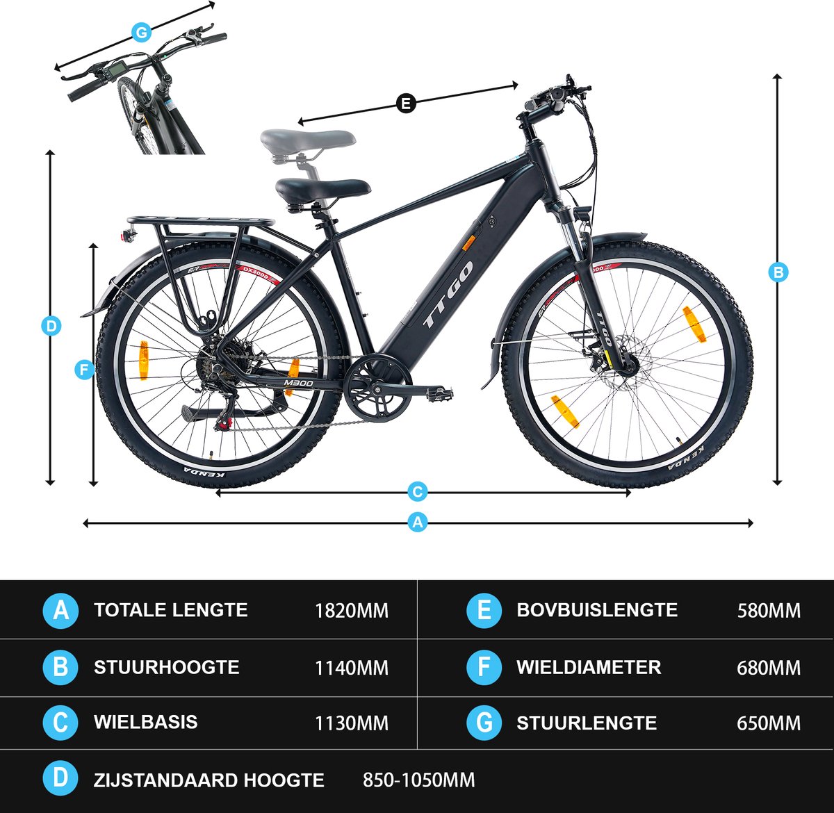TTGO M300 Elektrische Fiets - 250W Motor - 36V20Ah Batterij - 27.5*2.1" Band - 80 km Actieradius - Shimano 7 Versnellingen - Mechanische schijfremmen - Zwart thumbnail 7