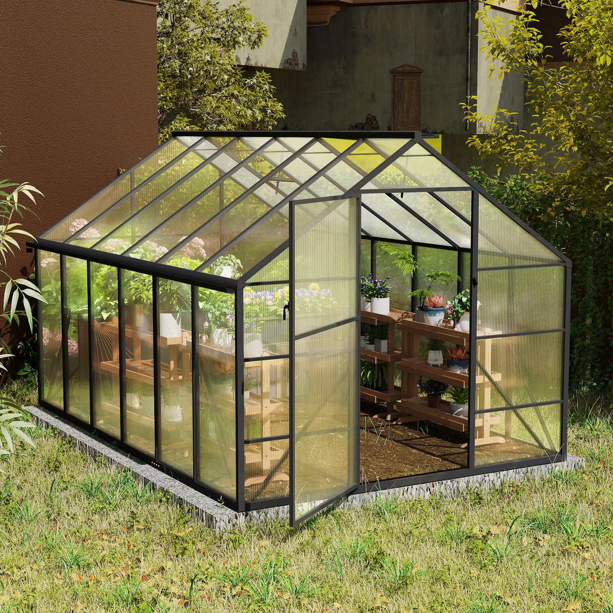 LZQ Premium kas van aluminium met loopdeur, versterkte fundering, dakraam en deur, weerbestendig en temperatuurbestendig voor tomaten, groenten en planten - 380x250x205cm