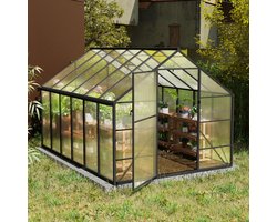 LZQ Premium kas van aluminium met loopdeur, versterkte fundering, dakraam en deur, weerbestendig en temperatuurbestendig voor tomaten, groenten en planten - 380x250x205cm