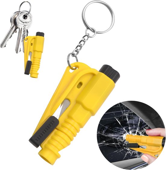 Porte-clés d'urgence, porte-clés avec coupe-ceinture et brise-vitre, porte-clés avec clé de secours et sifflet, accessoires de voiture (jaune)