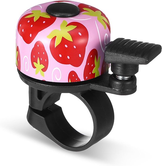 Roze fietsbel met aardbeienprint en zwarte knop en bevestiging.