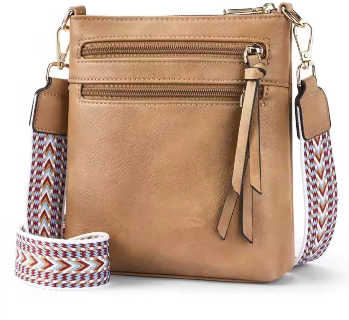 Luxamore® Crossbody Dames Tas – Lichtbruin PU Leer | Telefoontasje met Brede Jacquard Band