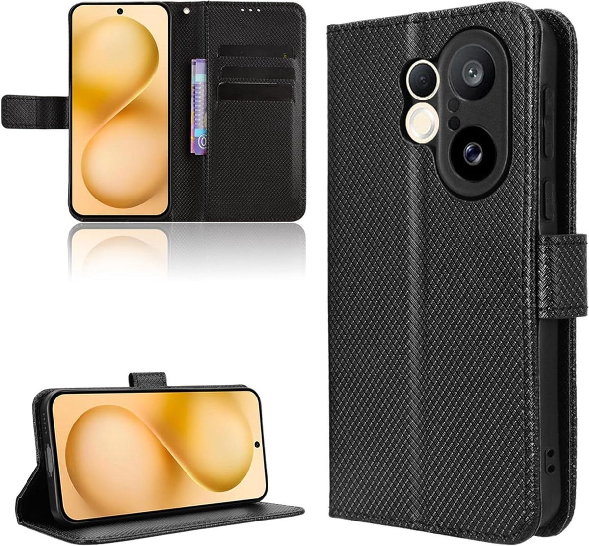 Premium magnetische portemonnee flip case hoesje voor Vivo X20 FE - Koolstofvezel zwart - Beschermhoes met extra functies