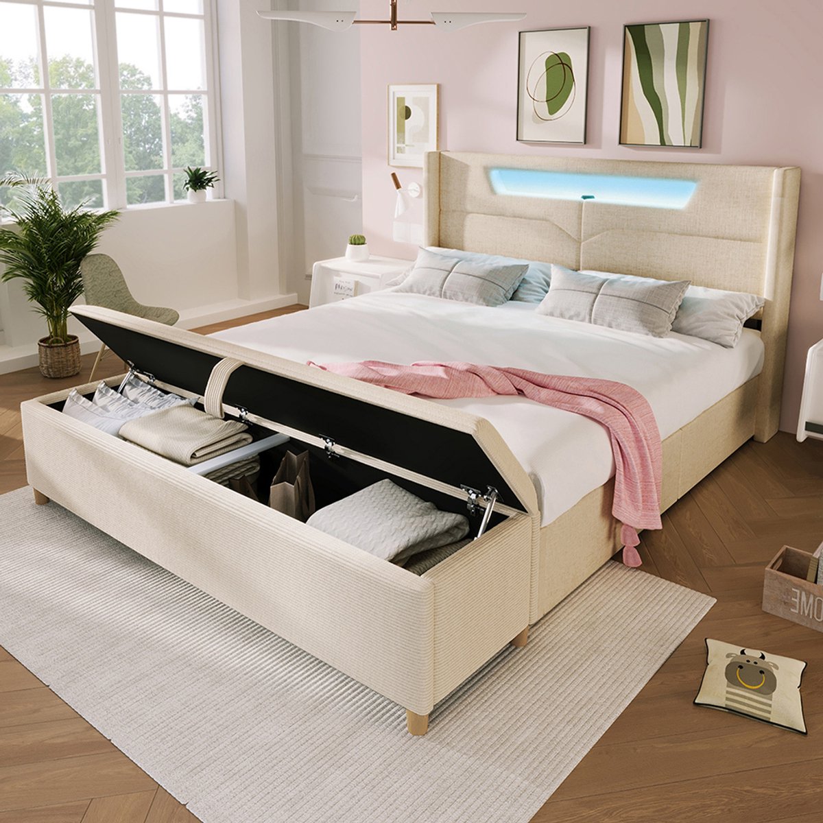 Pugsdrly Gestoffeerd bed 140 x 200 met LED en USB-C in beige linnen + slaapbank 145 x 38 met hydraulische opbergruimte in corduroy-look, inclusief lattenbodem (zonder matras)