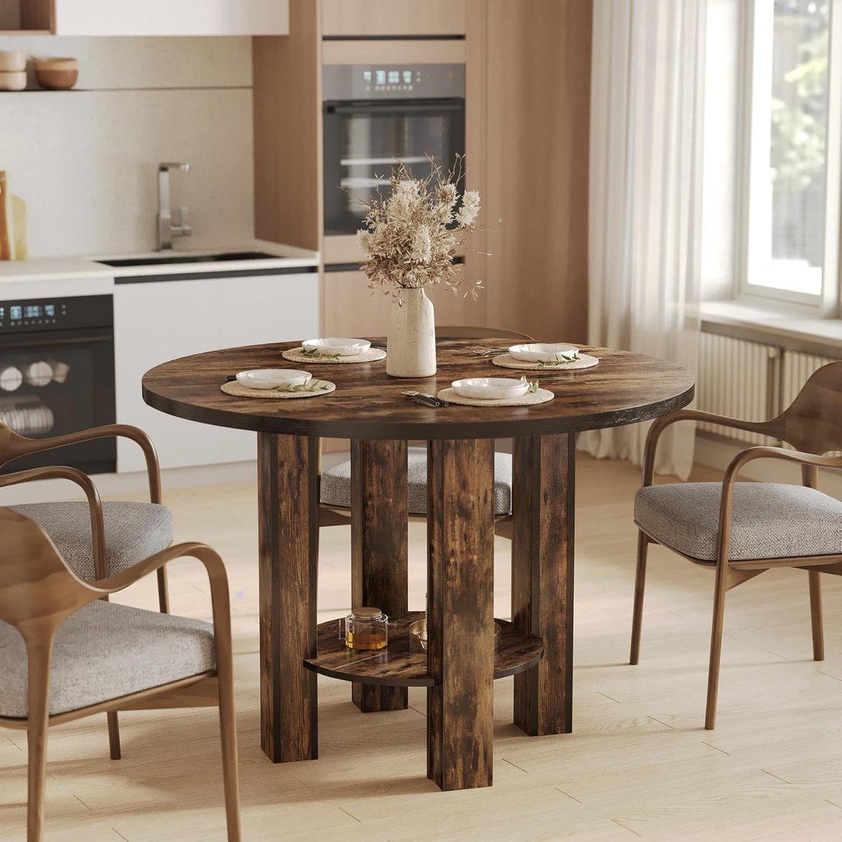 Tribesigns Ronde Eettafel - Keukentafel met Opbergrek Houten Poten - 100 X 100 x 75 cm - Eetkamertafel Voor 4 Personen - voor Thuis Eetkamer Woonkamer - Rustiek Bruin