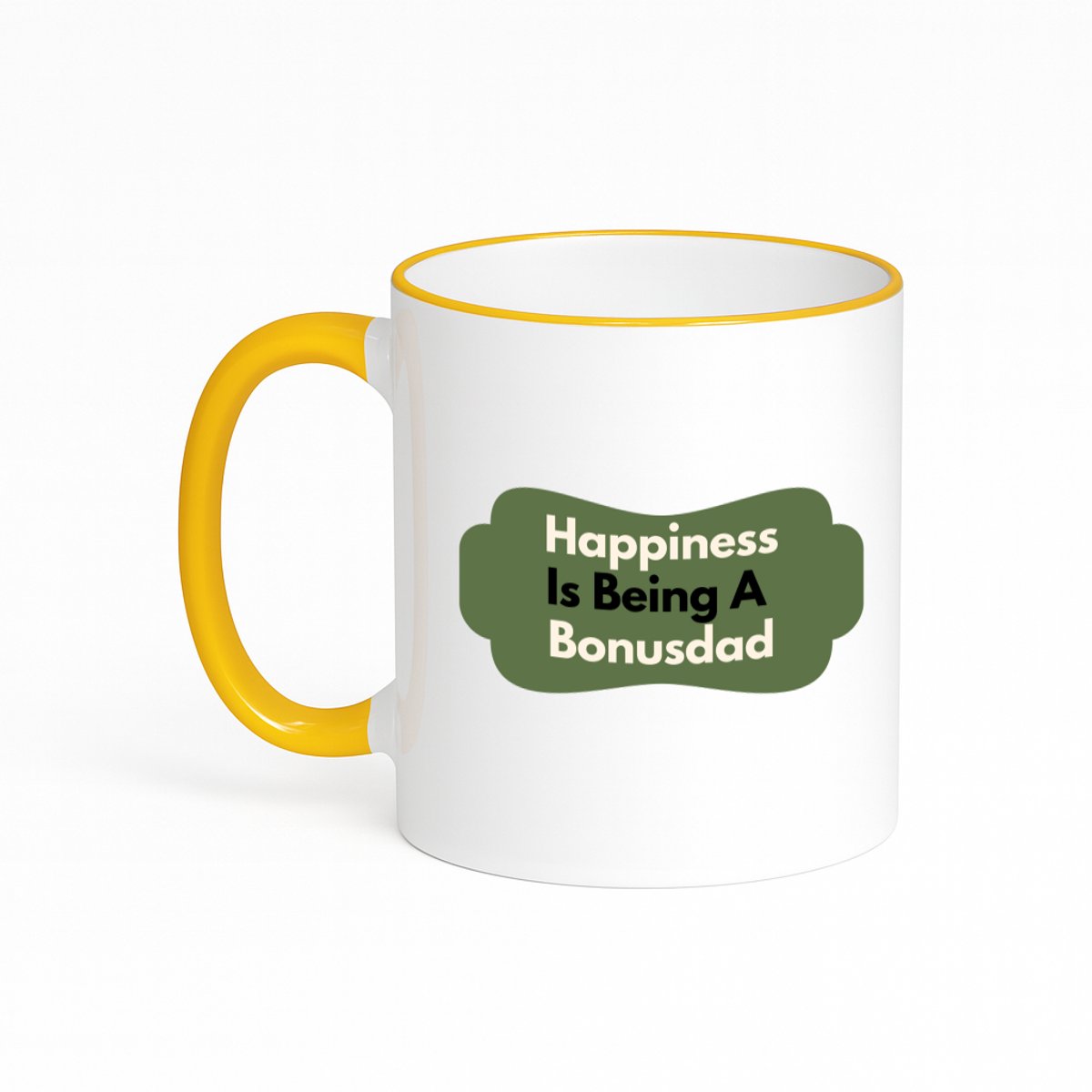 Hacebo® - happiness is being a bonusdad koffiebeker met gekleurde rand goudgeel - Papa - de liefste bonusvader - thee mok - koffie beker - vader cadeautjes - vaderdag - verjaardag - geschenk - kado - koffiemok - 330 ML