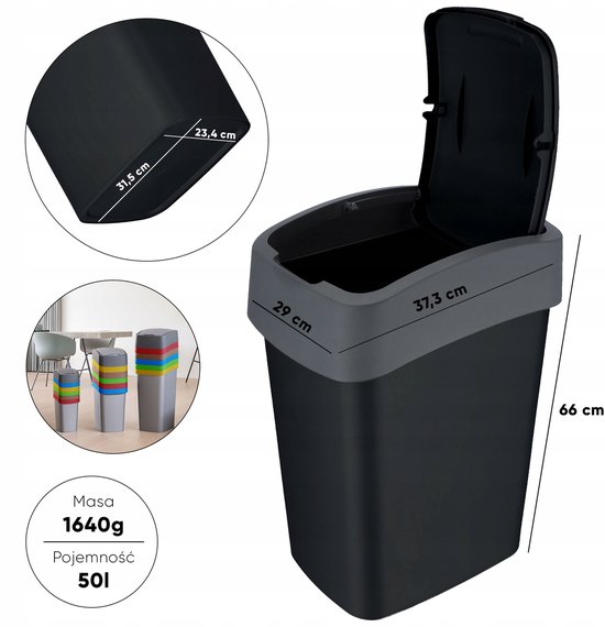 Poubelle Curver Flip Bin noire de 50L, dimensions 29cm x 37.3cm x 66cm. La taille intérieure est de 23.4cm x 31.5cm.