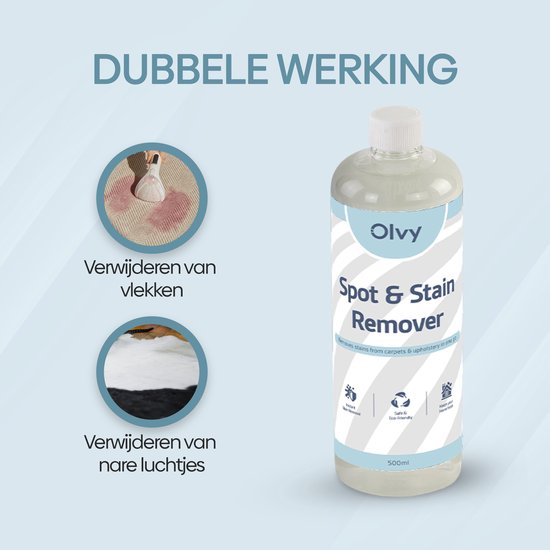 Fles Olvy Spot & Stain Remover met illustraties van vlekverwijdering op tapijt en het verwijderen van nare luchtjes.