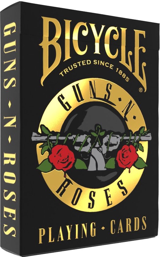 Een Bicycle speelkaartspel met Guns N' Roses-thema, met het logo in goud op een zwarte doos met rode rozen en de tekst "Guns N' Roses".