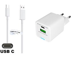 OneOne 35W super snellader met 2 poorten + 0,2m sterke USB C kabel. PD lader. Oplader adapter past op Kobo (Rakuten) eReader Elipsa, Elipsa 2E, Sage, Libra 2, Libra Colour, Clara 2E, Clara Colour, Clara BW - Kindle (Amazon) Scribe