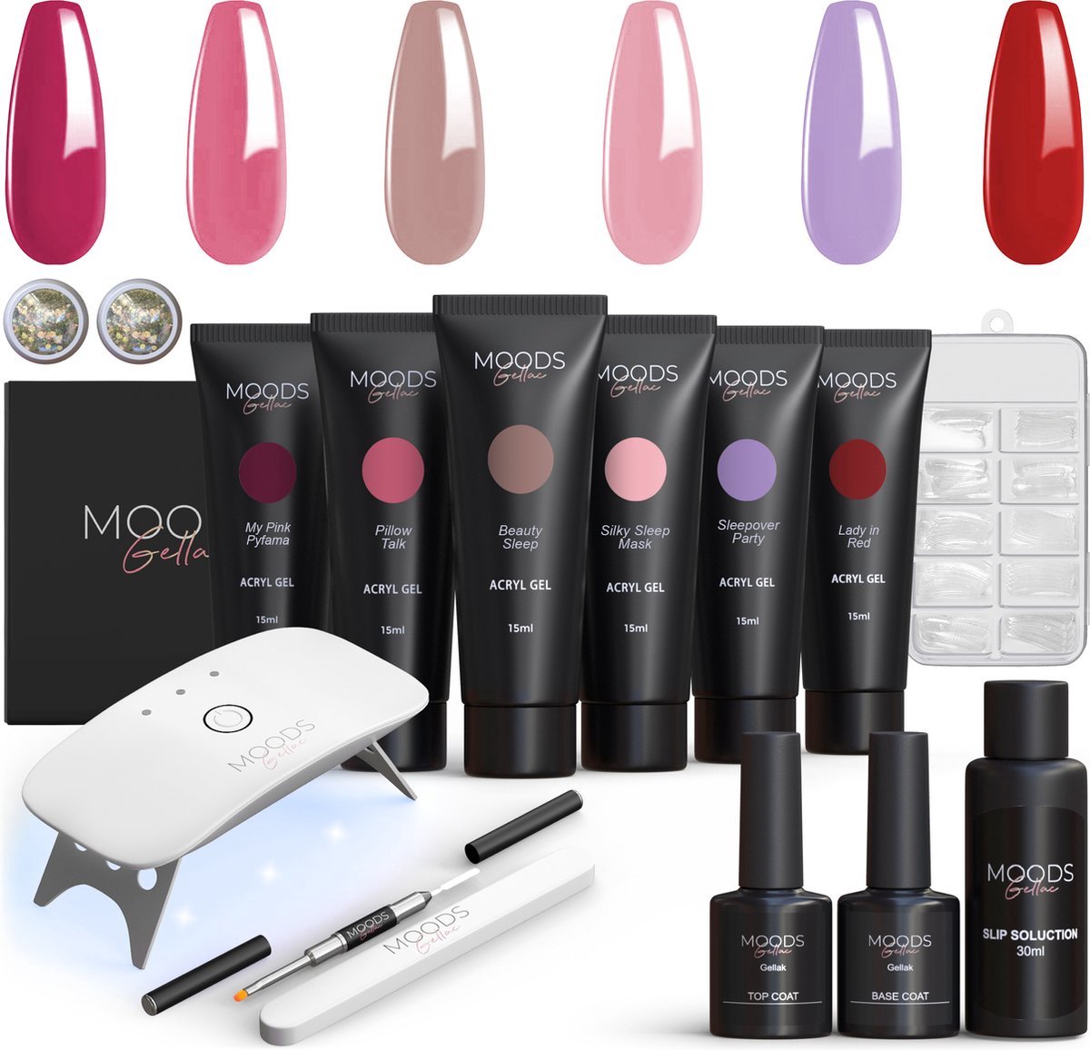 Moods Gellac - Luxe Polygel Set - Polygel Nagels Starterspakket - Inclusief UV LED lamp - 6 Kleuren - Secret Dreams