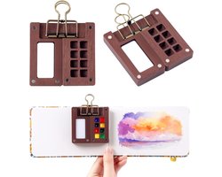2 stuks - Draagbaar Mini Aquarelpalet - Met 8 rasters en clip - Reis Verfdoos - Draagbare paletset - Houten verfpalet - Reis waterverfpalet - Draagbare Schetsboek Palet - Geschikt Voor aquarel, gouache en acrylverf