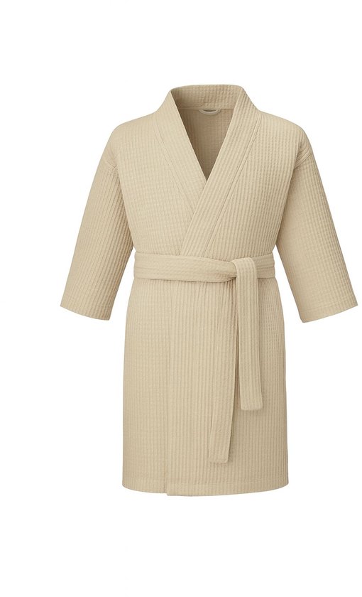Kimono court en coton gaufré à manches 3/4 - Badjas léger en 100% coton gaufré turc - Femme & Homme - Couleur beige clair / sable - Perfect pour le Sauna, les vacances et la maison - taille S/ M