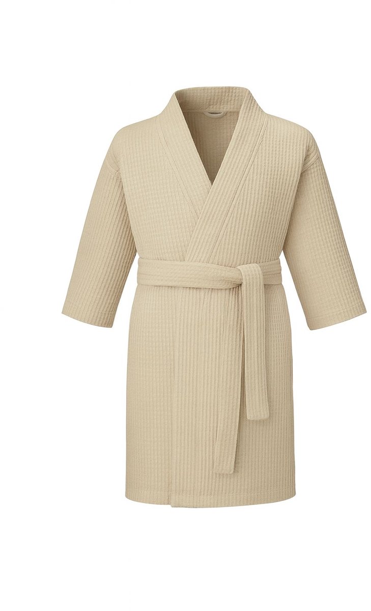 Kimono wafel katoen kort model met 3/4 mouw – Wafel badjas - Lichtgewicht Badjas van 100% hoogwaardig Wafelkatoen – Dames & Heren – Lichtbeige / Zandkleur – Perfect voor Sauna, Vakantie en Thuisgebruik - maat S/M