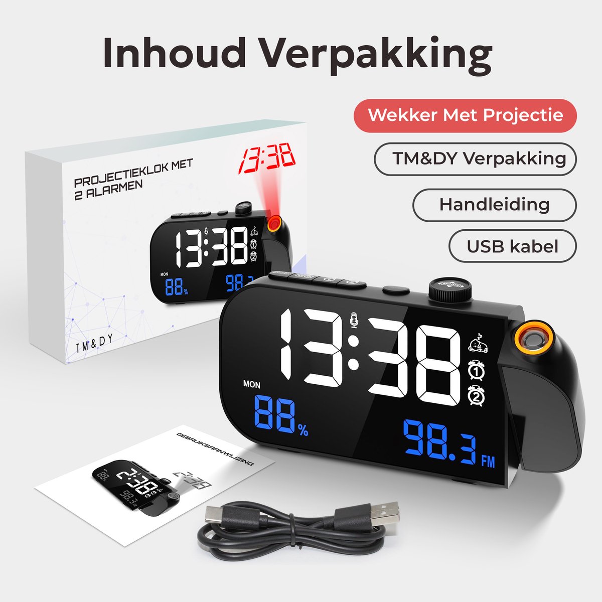 TM&DY - Digitale Wekkerradio met Projectie - Met Spraakbesturing, FM, Temperatuur & Luchtvochtigheid – Dimbaar LED Display & Dubbele Alarmfunctie - Wekkers Digitaal - Wekker met Projectie op Plafond - Projectiewekker - Projectieklok — cadeau in Elektronica - foto 8