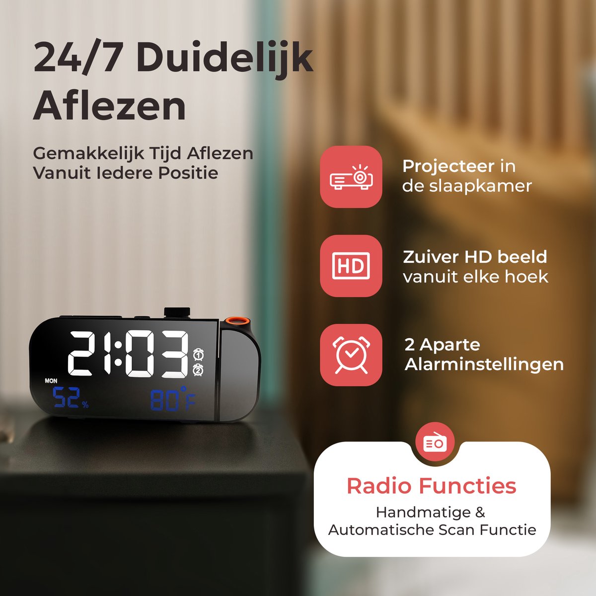 TM&DY - Digitale Wekkerradio met Projectie - Met Spraakbesturing, FM, Temperatuur & Luchtvochtigheid – Dimbaar LED Display & Dubbele Alarmfunctie - Wekkers Digitaal - Wekker met Projectie op Plafond - Projectiewekker - Projectieklok — cadeau in Elektronica - foto 7