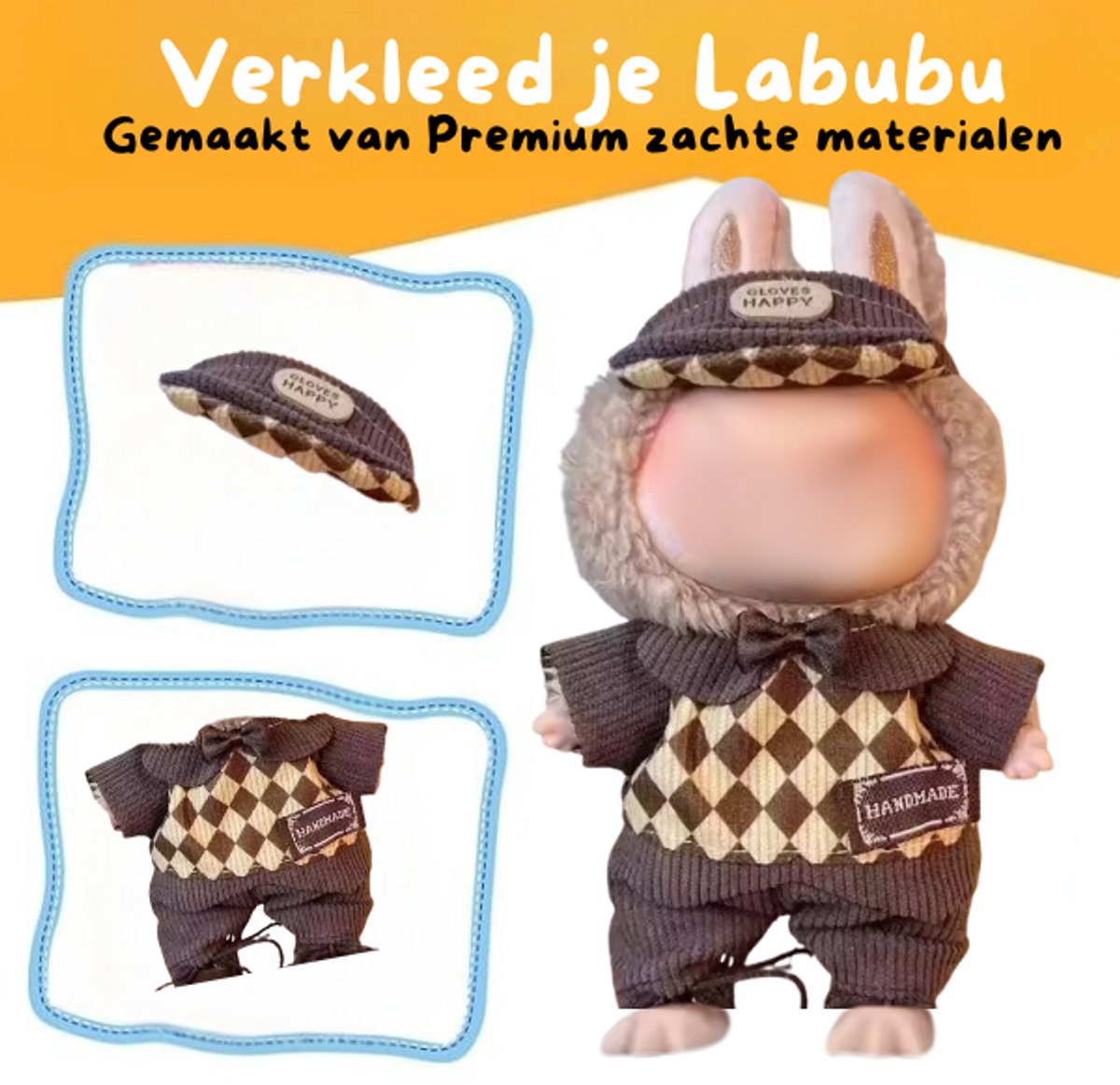 Schattig Geruit Wit/Bruin Truitje Kleding – Met Bruin Petje met Logootje en Bruin Broekje – Cute Outfit Accessoire Geschikt voor Labubu (Pop Niet Inbegrepen)
