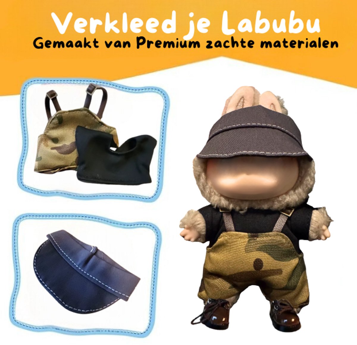 Stoer Militair Camouflage Visserspak Kleding – Met Laarsjes en Petje – Cool Outdoor Outfit Accessoire Geschikt voor Labubu (Pop Niet Inbegrepen)