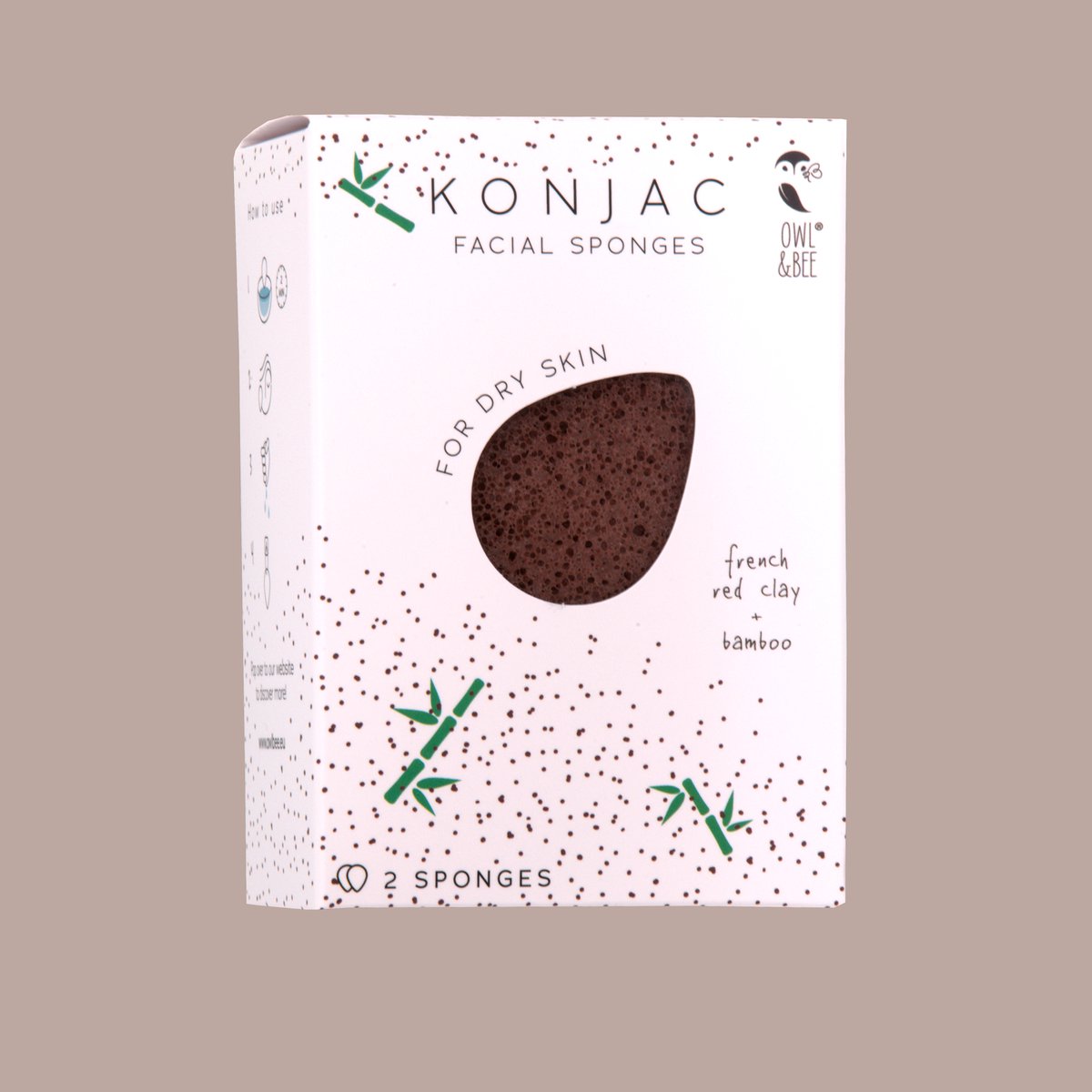 Owl & Bee® Konjac gezichtssponzen - Voor droge huid - Met Franse rode klei en bamboe - 2 stuks - 100% vegan