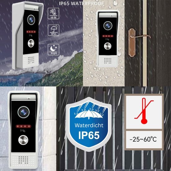 Deurbel met camera met verschillende weersymbolen (regen, zon, nacht) en temperatuurindicator. Waterdicht IP65.