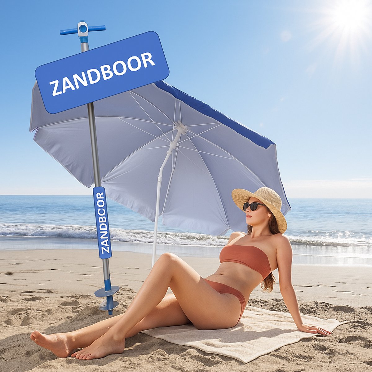 Pincho - LUXE ALUMINIUM STRANDPARASOL 200 cm & LANGE ZANDBOOR (Grondboor) - Uni Blauw- Verstelbaar & Kantelbaar - Windvaan - Draagtas - UV Bescherming 99% UPF50 - Fiber baleinen - Strandparasol - Stokparasol - Tuinparasol