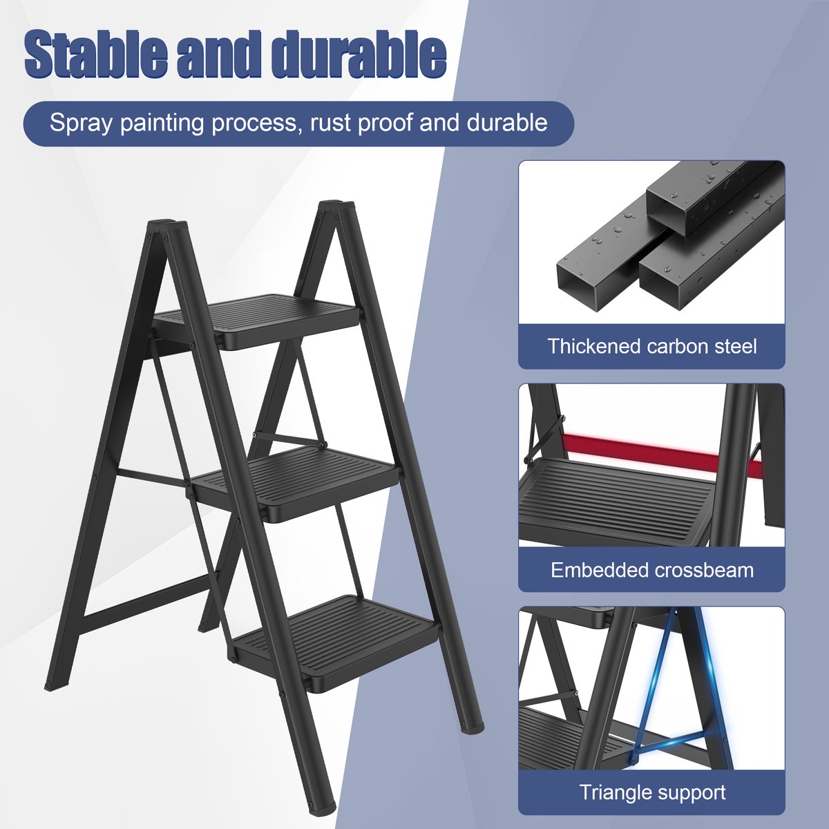 Opvouwbare trapladder, trapkruk, opvouwbare trap met brede antislip pedaal, multifunctionele huishoudtrap, trap tot 150 kg, zwart voor thuis, keuken, kantoor, buiten - 3 treden – foto 4