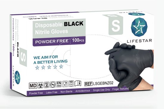 Lifestar Gants Nitril Non Poudrés Zwart Taille S 100 pièces
