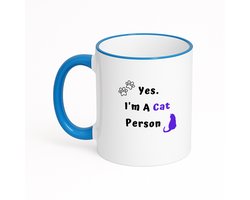 Hacebo® - yes I'm a cat person koffiebeker met gekleurde rand zee blauw - Katten - katten liefhebbers - thee mok - koffie beker - iemand die houdt van poezen - verjaardag - cadeau - kado - geschenk - koffiemok - 330 ML