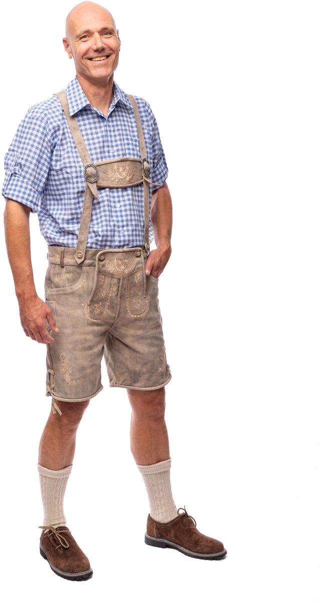Samex® Lederhosen Man - Oktoberfest Kostuum Heren - Korte Lederhose - Wildleder - Verkleedkleren mannen - Carnavalskleding - Grijs - Maat 60 (3XL)