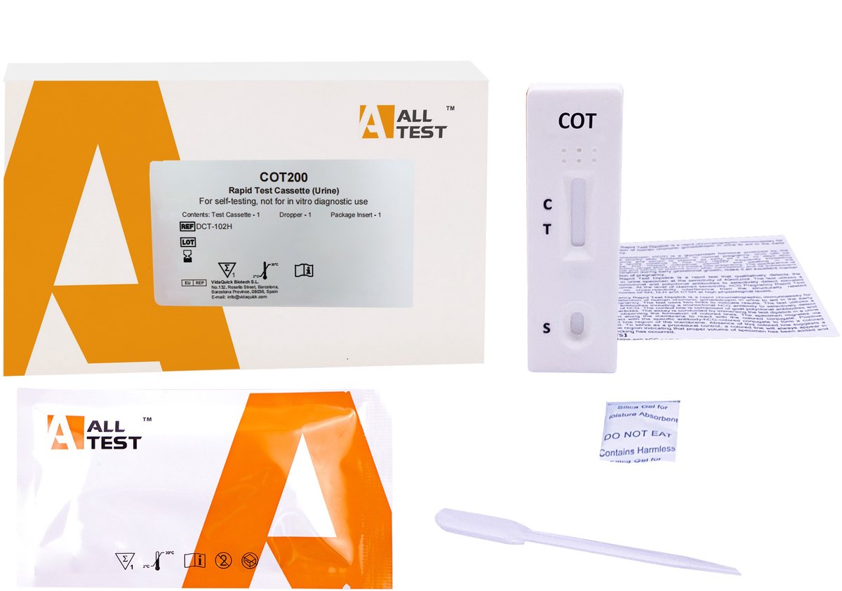 Cotinine Urine Test – 1 stuk – Detectie van nicotinegebruik – Resultaat in 5 minuten – Cut-off 200 ng/mL – Inclusief pipet & handleiding
