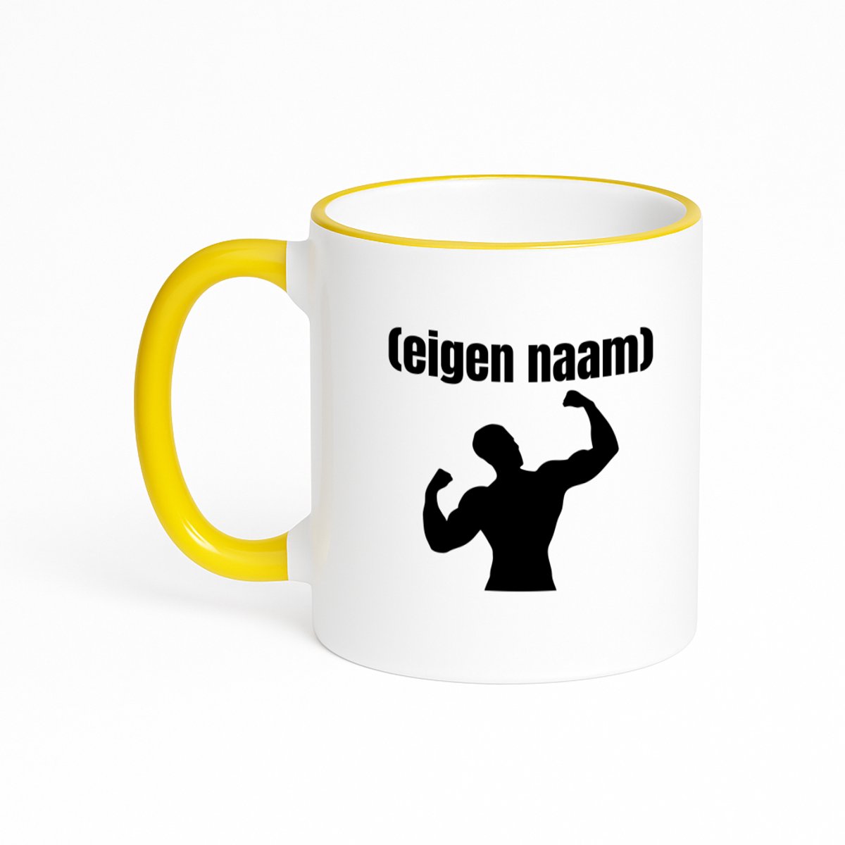 Hacebo® - fitness man met eigen naam koffiebeker met gekleurde rand geel - Fitness - atleten/sport liefhebbers - thee mok - koffie beker - sport - fitness - bodybuilder - verjaardag - cadeau - kado - koffiemok - 330 ML