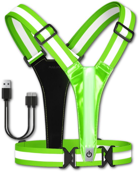 Groen Malony reflectievest met witte strepen en USB-kabel.