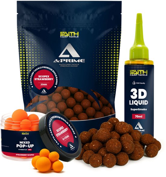 Faith A-Prime Boilie combi deal Strawberry/Scopex - Boilies - Karpervissen - Karper aas - Pop ups - Liquid bait Smoke