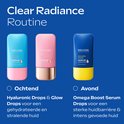 Drie Weleda serumflesjes: Hyaluronic, Glow, en Omega Boost. Tekst 'Ochtend' en 'Avond'.