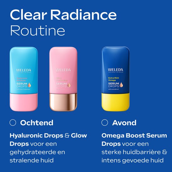 Drie Weleda serumflesjes: Hyaluronic, Glow, en Omega Boost. Tekst 'Ochtend' en 'Avond'.