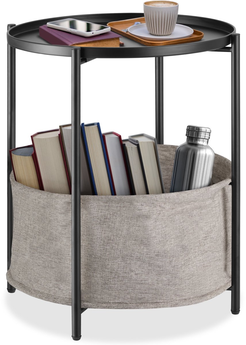 tectake® Ronde bijzettafel van metaal - Kleine salontafel met afneembare dienblad en opbergmand - Rustiek - Delicaat design - Draagkracht 40 kg - Afmeting (ØxH) Ø 45,5 x H 53 cm - Zwart