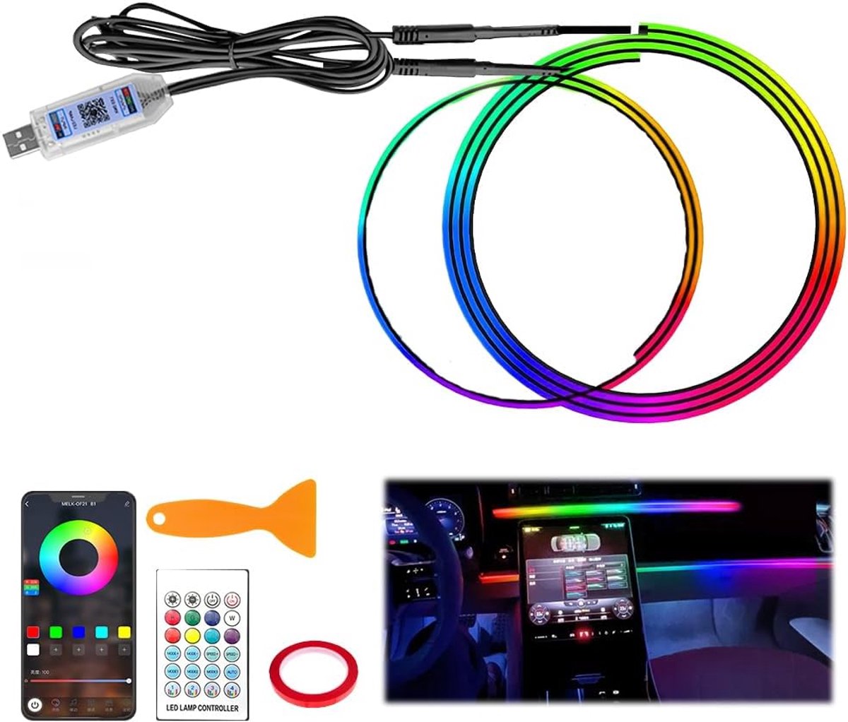 Sfeerverlichting auto - 2-in-1 110 cm + 35 cm ledstrip - auto-led-binnenverlichting met 16 miljoen kleuren - 210 dynamische modi - app-bediening - USB RGB meerkleurige sfeerverlichting auto strip
