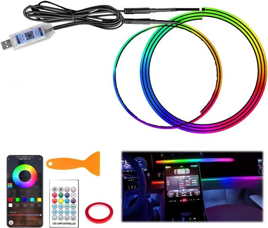 Éclairage d'ambiance pour voiture - Bande LED 2 en 1 110 cm + 35 cm - Éclairage intérieur LED pour voiture avec 16 millions de couleurs - 210 modes dynamiques - Contrôle par application - Bande lumineuse d'ambiance USB RVB multicolore pour voiture