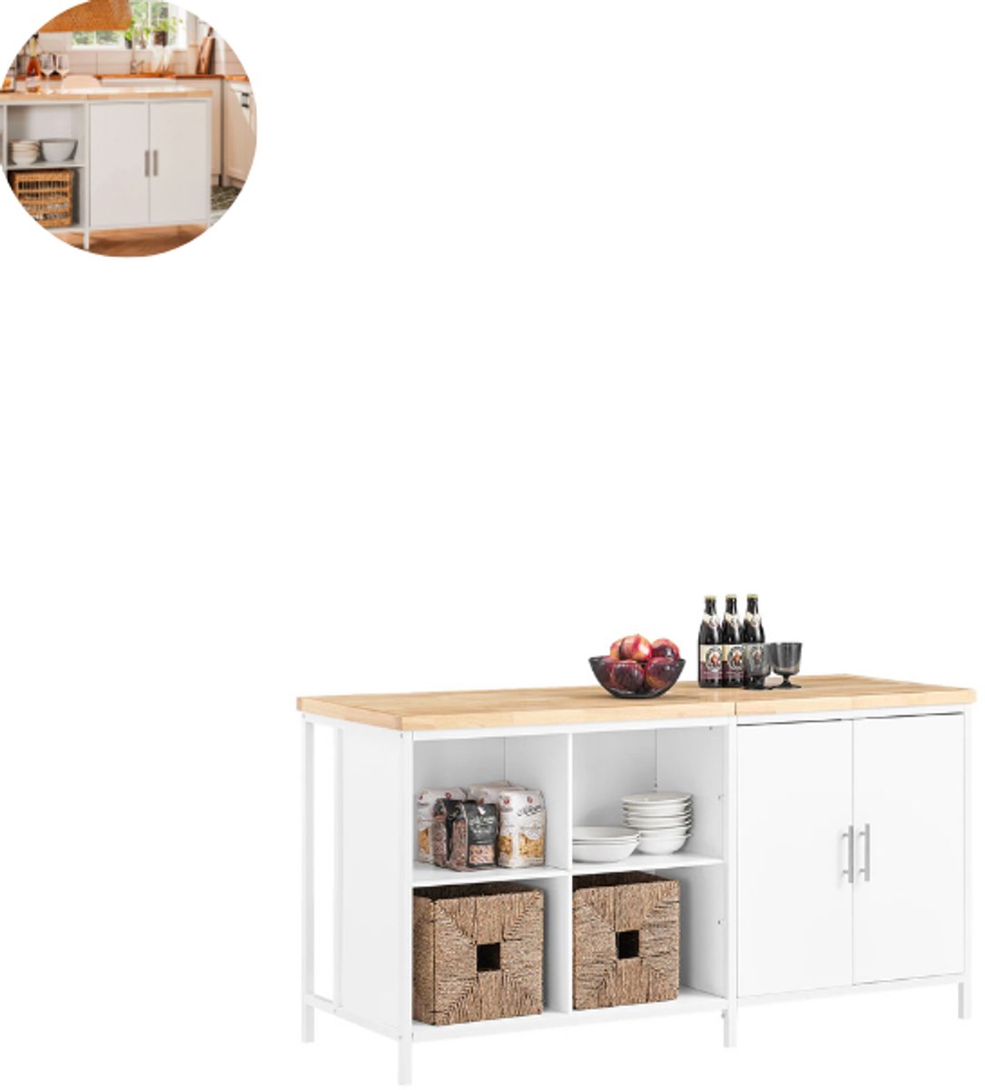 Keukeneiland - Verplaatsbaar - Keukenkast - Dressoir - Organizer - Kasten - Houten Werkblad - Wit