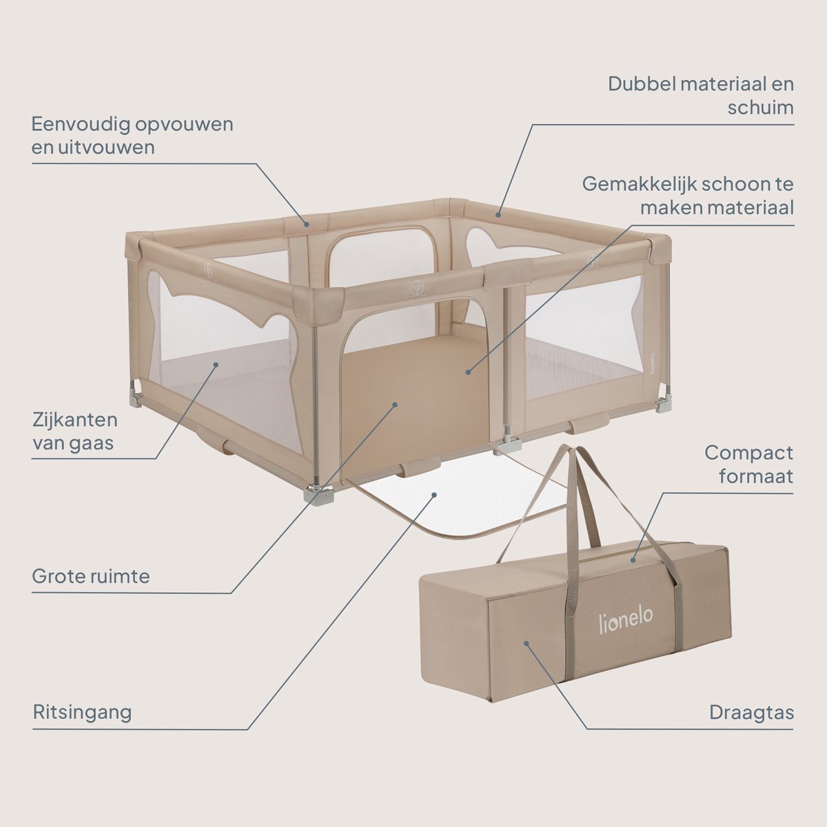 Lionelo Florence Easy Fold - Grondbox / Baby Box – Zeer Snel Inklapbaar – 150x180 cm – voor Thuis en Tuin – 0-48 maanden – Veilige kinderbox – Draagtas – Compact na Inklappen – Speelbox met Ademend Gaas – 2 Zij-ingangen met rits – foto 4