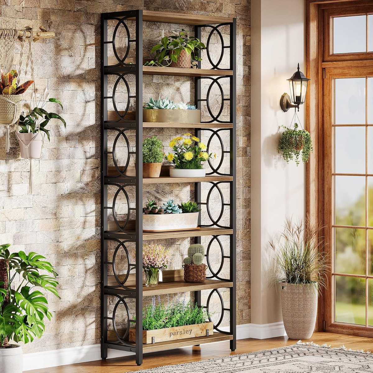 Tribesigns - Plantenstandaard met 6 Planken - Industriële Plantenstandaard - Open Opbergplanken voor Woonkamer, Binnen, Balkon, Tuin - 64x30x180cm - Rustiek Bruin en Zwart