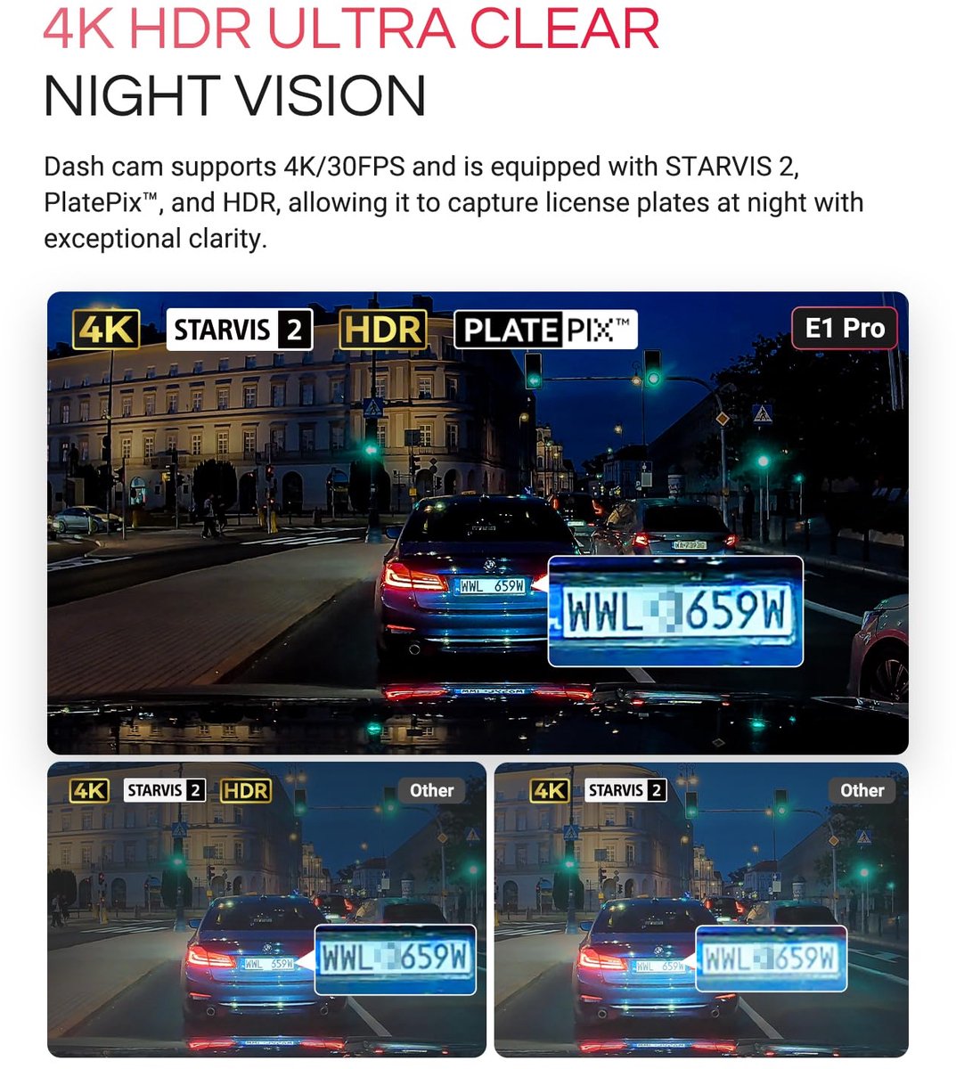 Vantrue E1 Pro 4K Mini Dashcam Voorzijde, STARVIS 2 PlatePix HDR Nachtzicht Autoradio, Ingebouwde 5G WiFi GPS, 1,54" IPS-scherm, LTE-ondersteuning, Spraakbediening, 24/7 Buffered Parkeermodus, Ondersteunt tot 1TB Max thumbnail 4