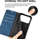 Blauw telefoonhoesje met vakjes voor pasjes, geopend met detail van de TPU-binnenkant.