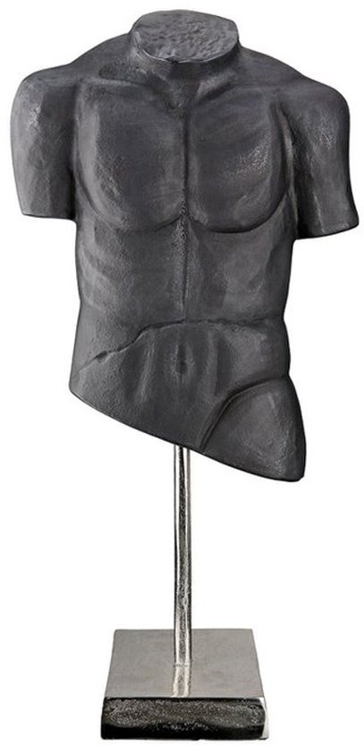 Statue de torse grise avec poitrine et abdominaux musclés, sur un support en métal.