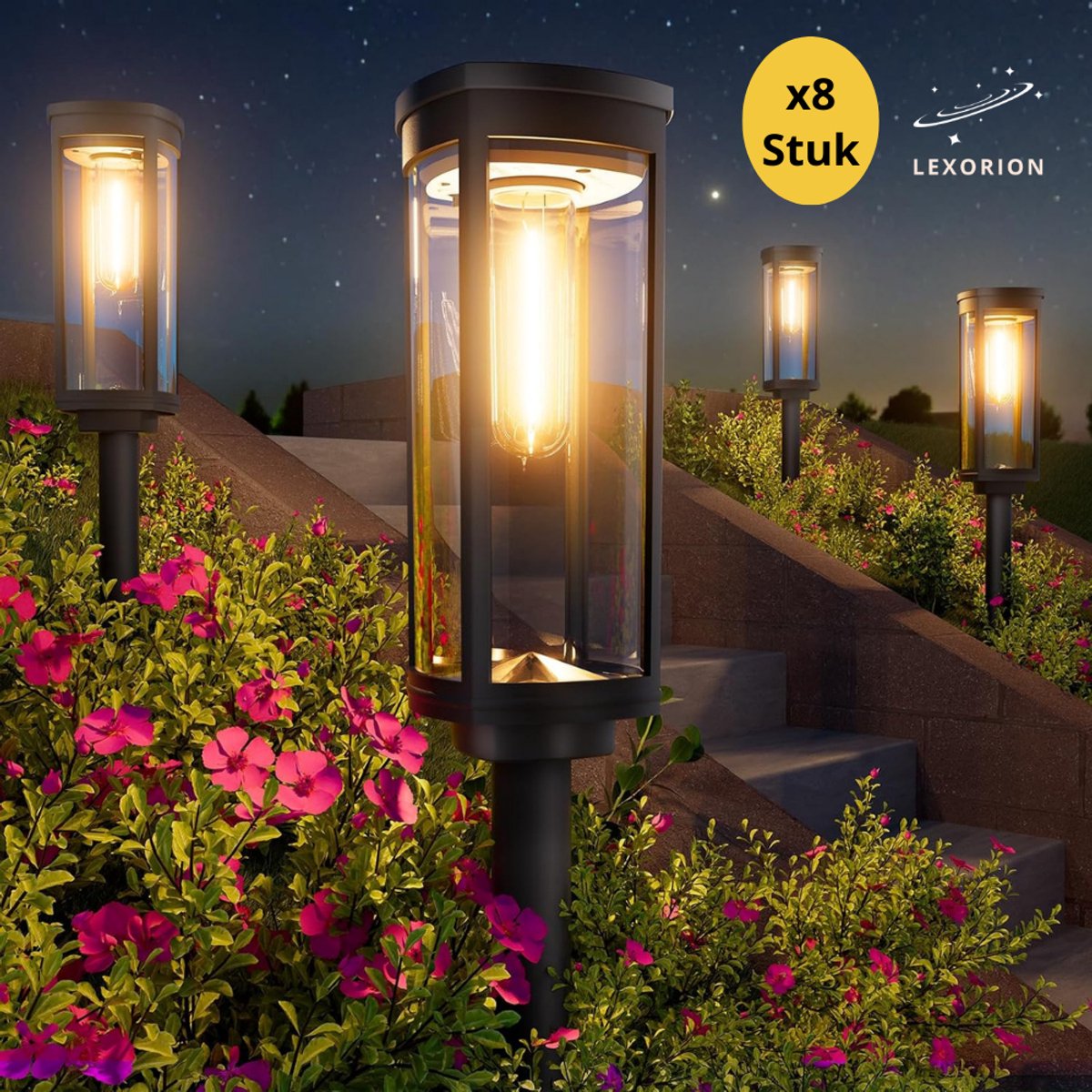 Lexorion Solux - Tuinverlichting - Zonne-energie - Set van 8 LED Solar Tuinlampen - Solar - IP55 Waterdicht - Energiebesparende Buitenverlichting voor Terras, Pad, Gazon & Achtertuin