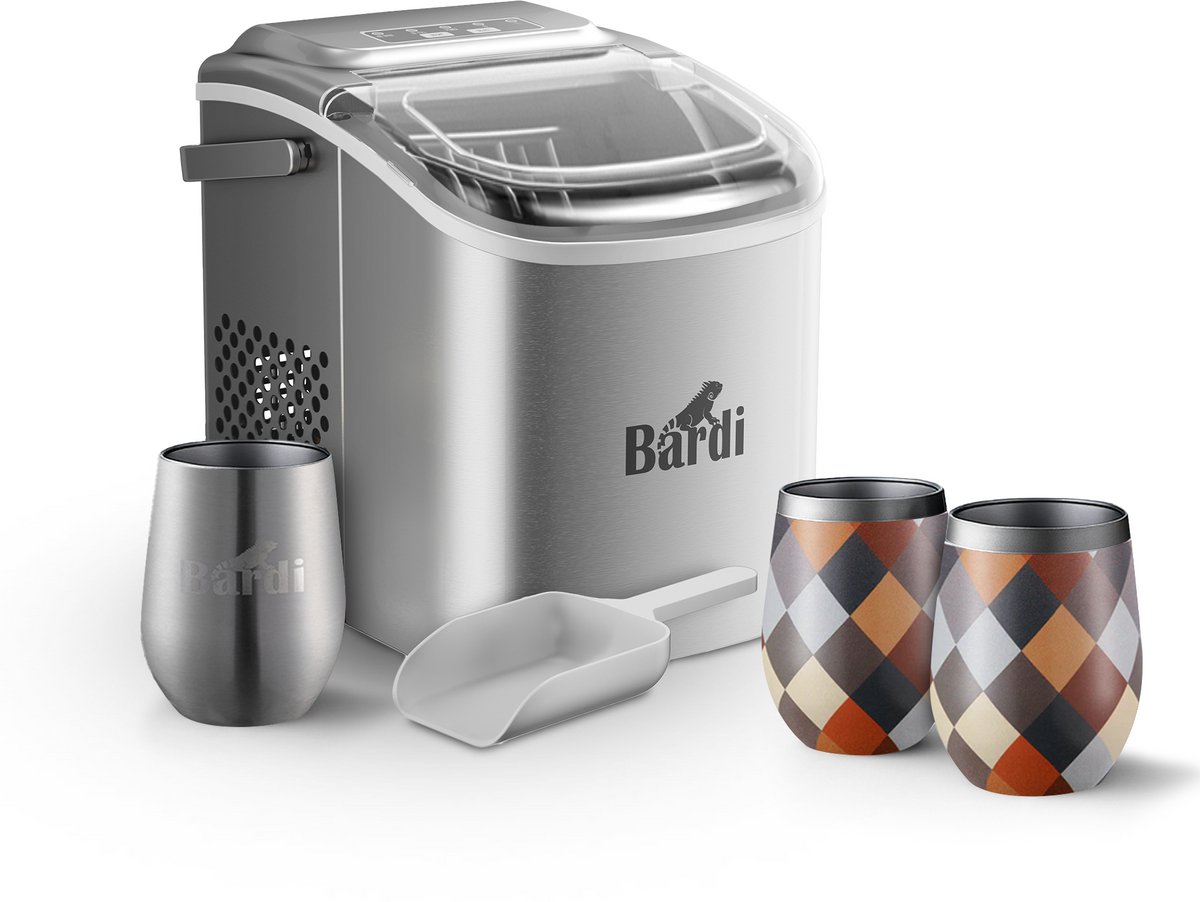 Bardi Deluxe ijsblokjesmachine set – 1,2L – RVS – Inclusief 3 Luxe Thermosbekers en ijsschep – Blok