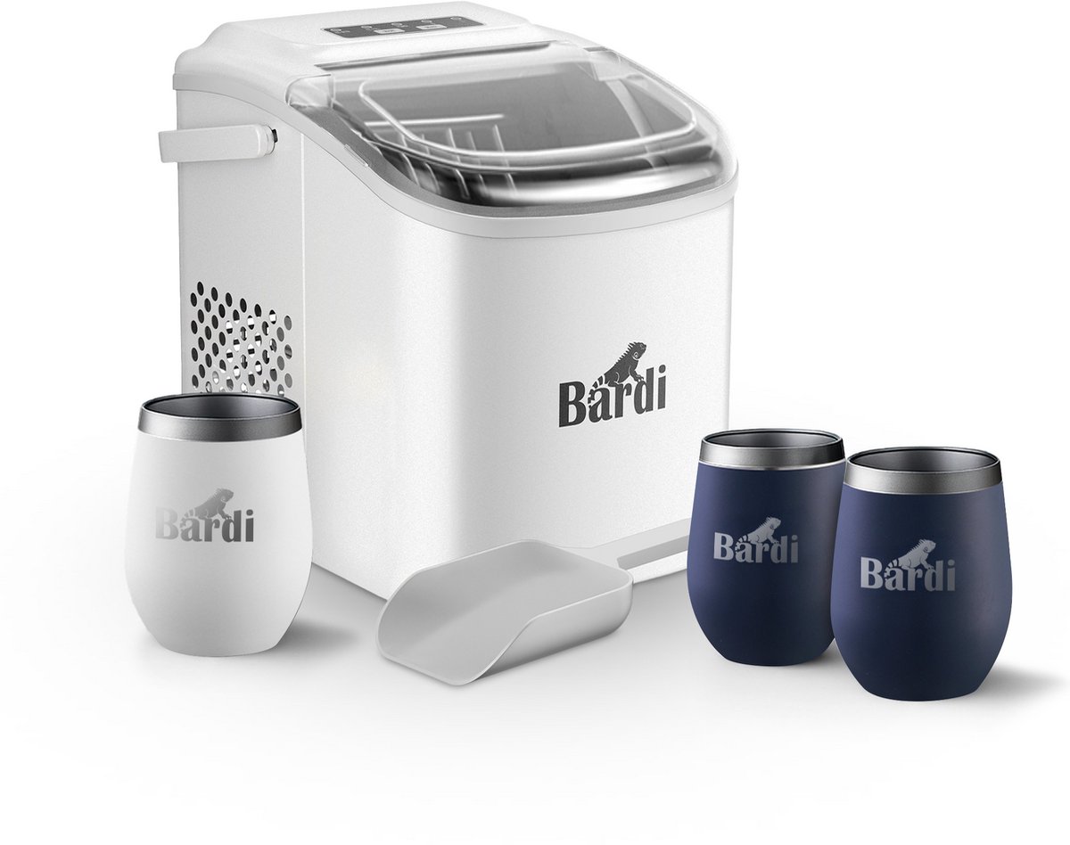 Bardi Deluxe IJsblokjesmachine Set 1,2 Liter Wit - 12KG IJsblokjes in 24 uur - met IJsschep - Inclusief 3 Luxe Thermosbekers en Ijsschep - Blauw