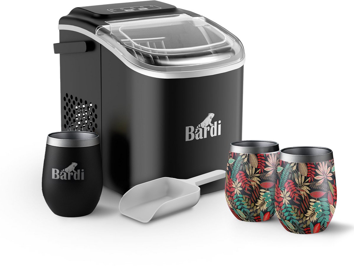 Bardi Deluxe IJsblokjesmachine Set 1,2 Liter Zwart - 12KG IJsblokjes in 24 uur - met IJsschep - Inclusief 3 Luxe Thermosbekers en Ijsschep - Jungle