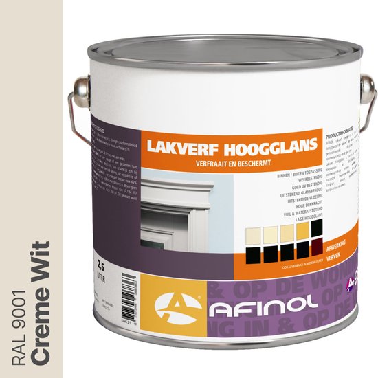 Blik Afinol Hoogglans Lakverf Creme Wit RAL 9001, 2,5 liter. Met kleurstalen.