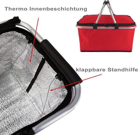 Picknickmand Koeltas - Kamperen Koelbox - Servies, Bestek en Eten Mandje - Opvouwbaar Picknick Tas - Maaltijd Tas - Thermische Geïsoleerde Picknickmand - Picnic Basket - Geïsoleerde Koeltas - Camping koeltas - Rood van Merkloos — afbeelding 4
